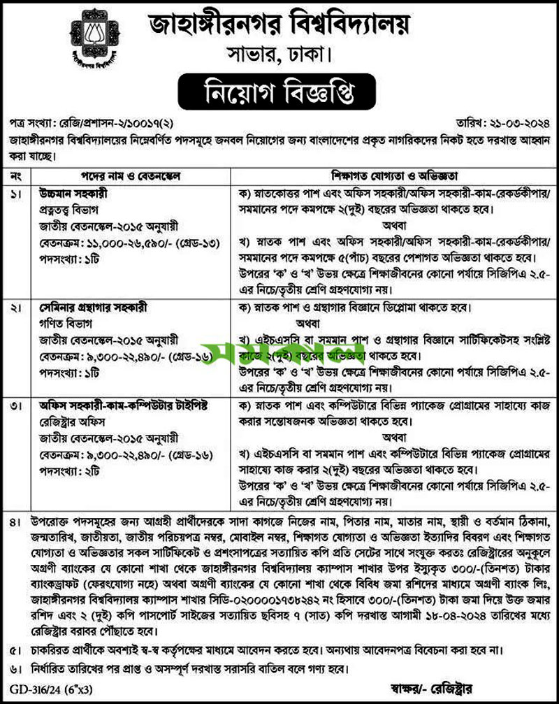 Jahangirnagar University Job Notice 2024
